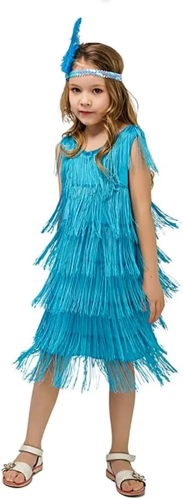 20s Flapper Dresses for Girls Gatsby Tassel Fringe Dress with Feather Headband Kids 1920s Flapper Costume