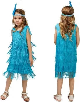 20s Flapper Dresses for Girls Gatsby Tassel Fringe Dress with Feather Headband Kids 1920s Flapper Costume