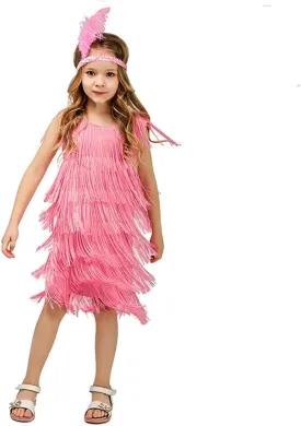 20s Flapper Dresses for Girls Gatsby Tassel Fringe Dress with Feather Headband Kids 1920s Flapper Costume