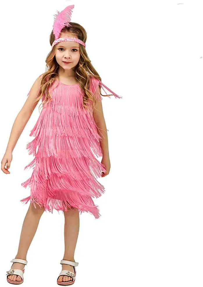 20s Flapper Dresses for Girls Gatsby Tassel Fringe Dress with Feather Headband Kids 1920s Flapper Costume