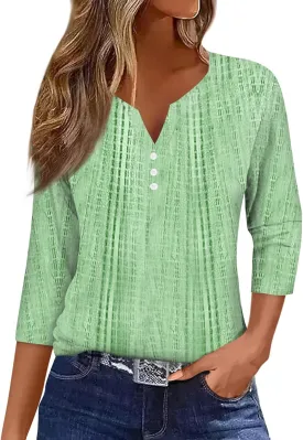 3/4 Length Sleeve Womens Tops V Neck Casual Henley Button Shirts Print Trendy Blouses Summer tee