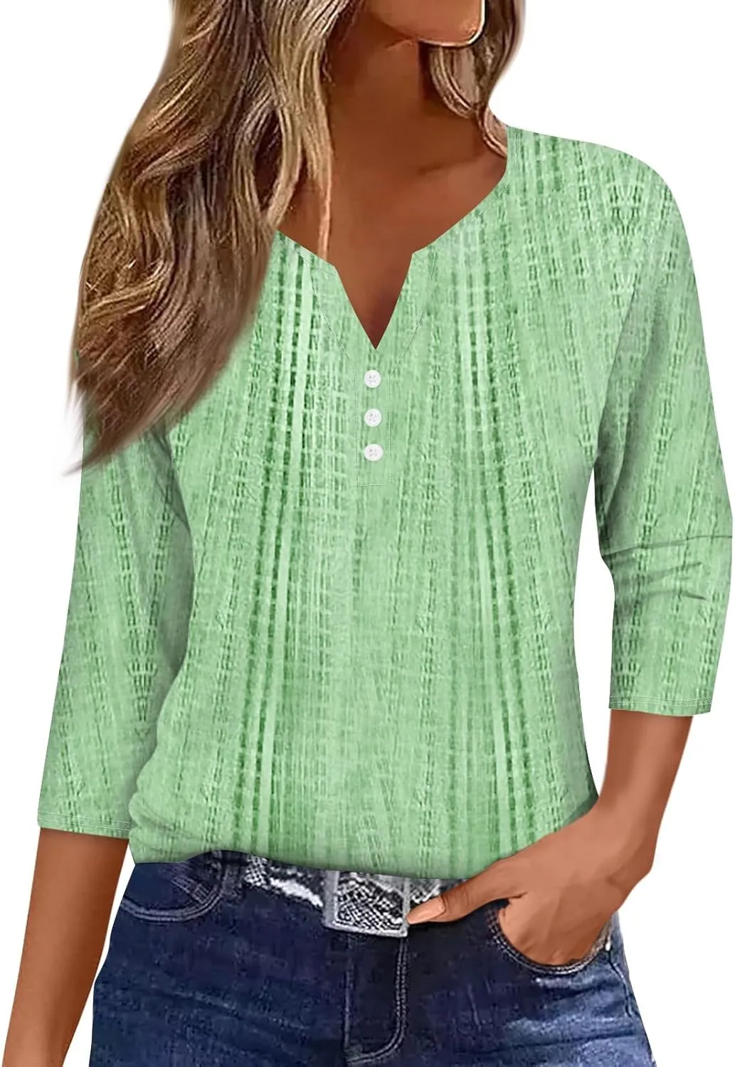3/4 Length Sleeve Womens Tops V Neck Casual Henley Button Shirts Print Trendy Blouses Summer tee