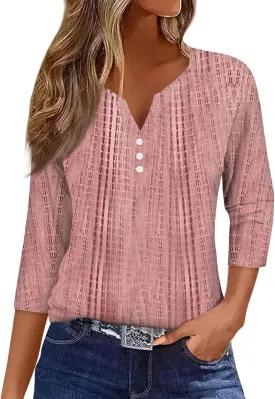 3/4 Length Sleeve Womens Tops V Neck Casual Henley Button Shirts Print Trendy Blouses Summer tee