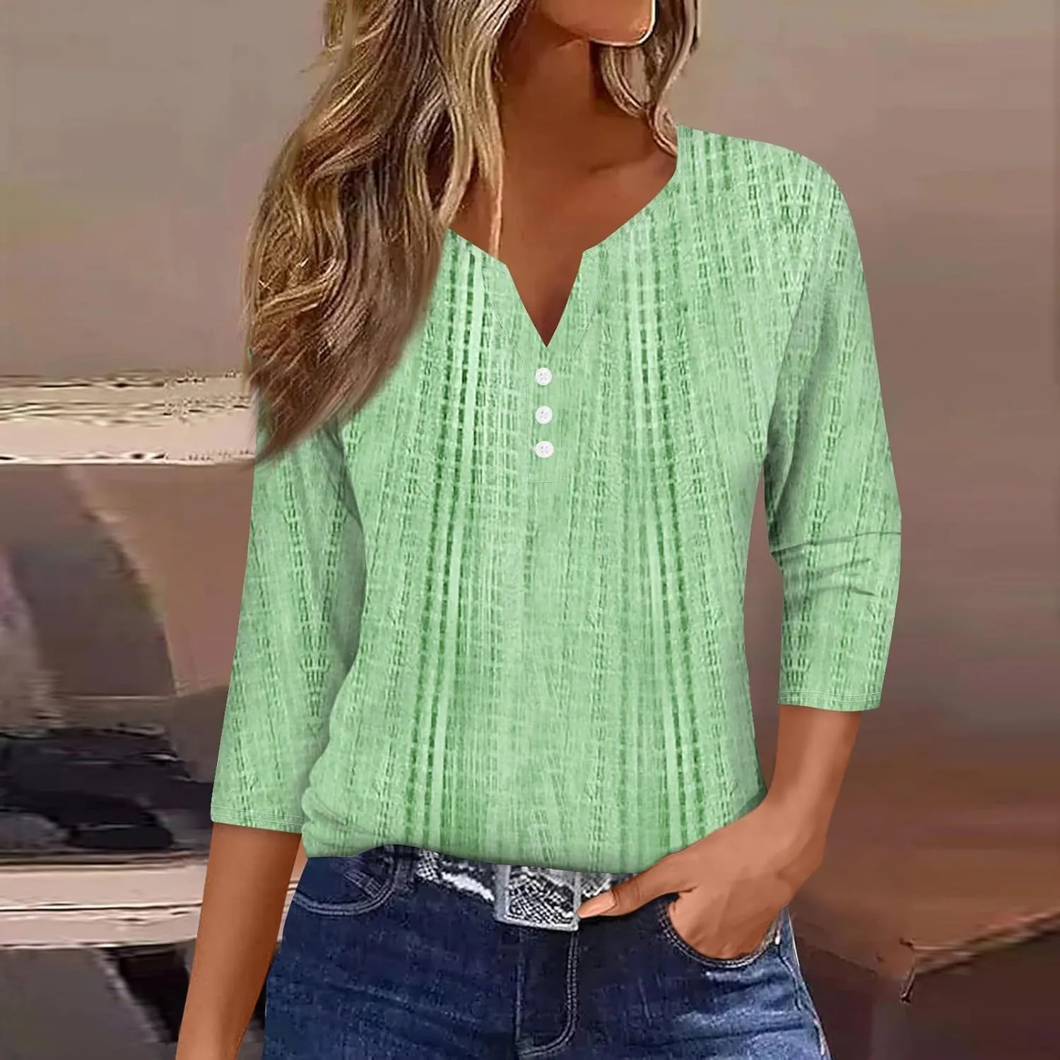 3/4 Length Sleeve Womens Tops V Neck Casual Henley Button Shirts Print Trendy Blouses Summer tee