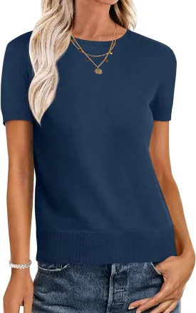 ANRABESS Womens Short Sleeve Sweaters Wool Blend Crew Neck Sweater Shirts Business Casual Work Tops 2025 Summer Outfits
