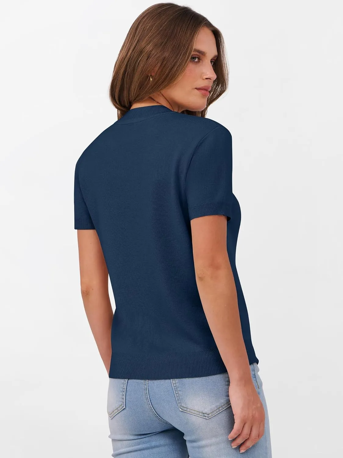 ANRABESS Womens Short Sleeve Sweaters Wool Blend Crew Neck Sweater Shirts Business Casual Work Tops 2025 Summer Outfits