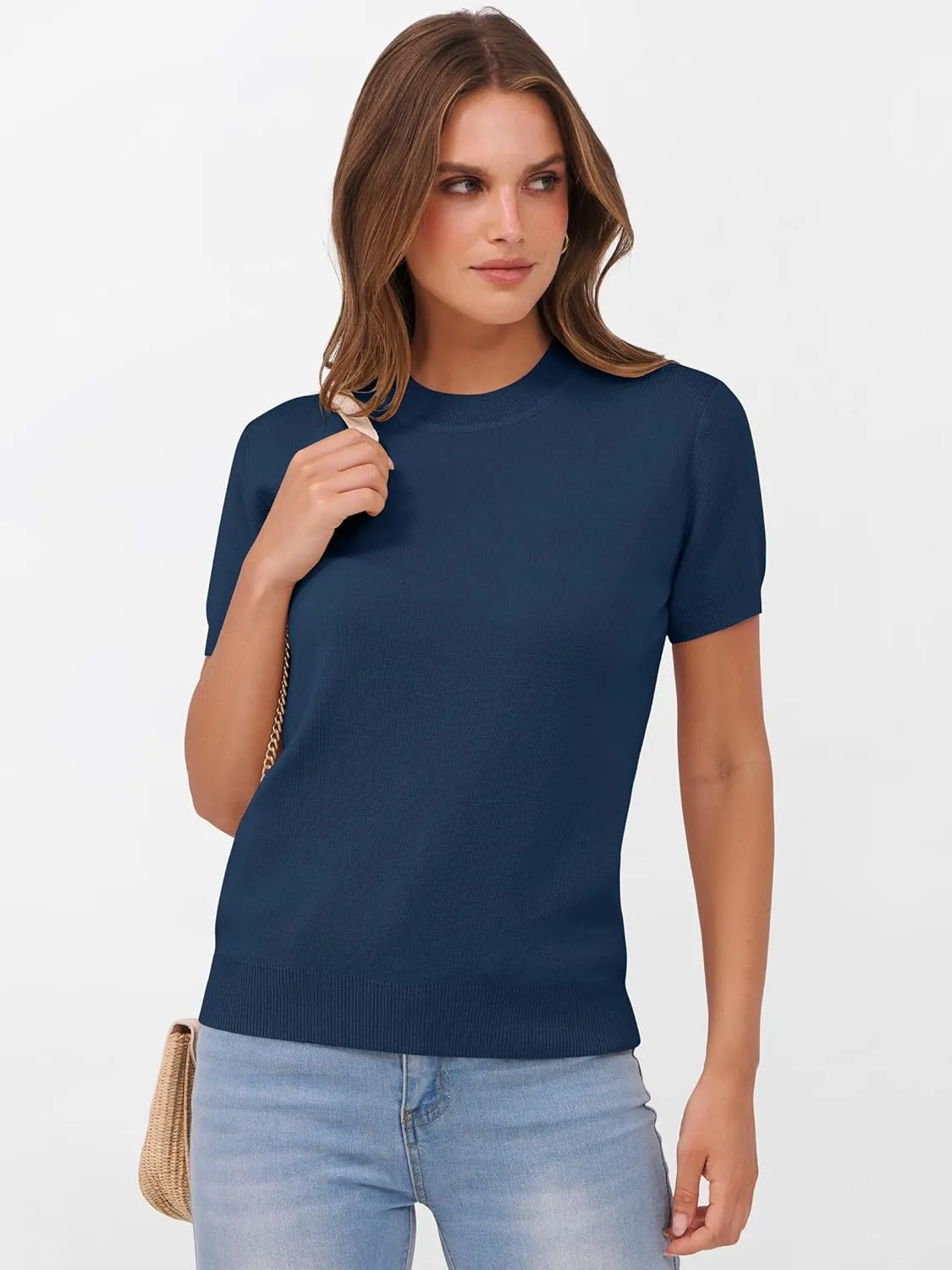ANRABESS Womens Short Sleeve Sweaters Wool Blend Crew Neck Sweater Shirts Business Casual Work Tops 2025 Summer Outfits