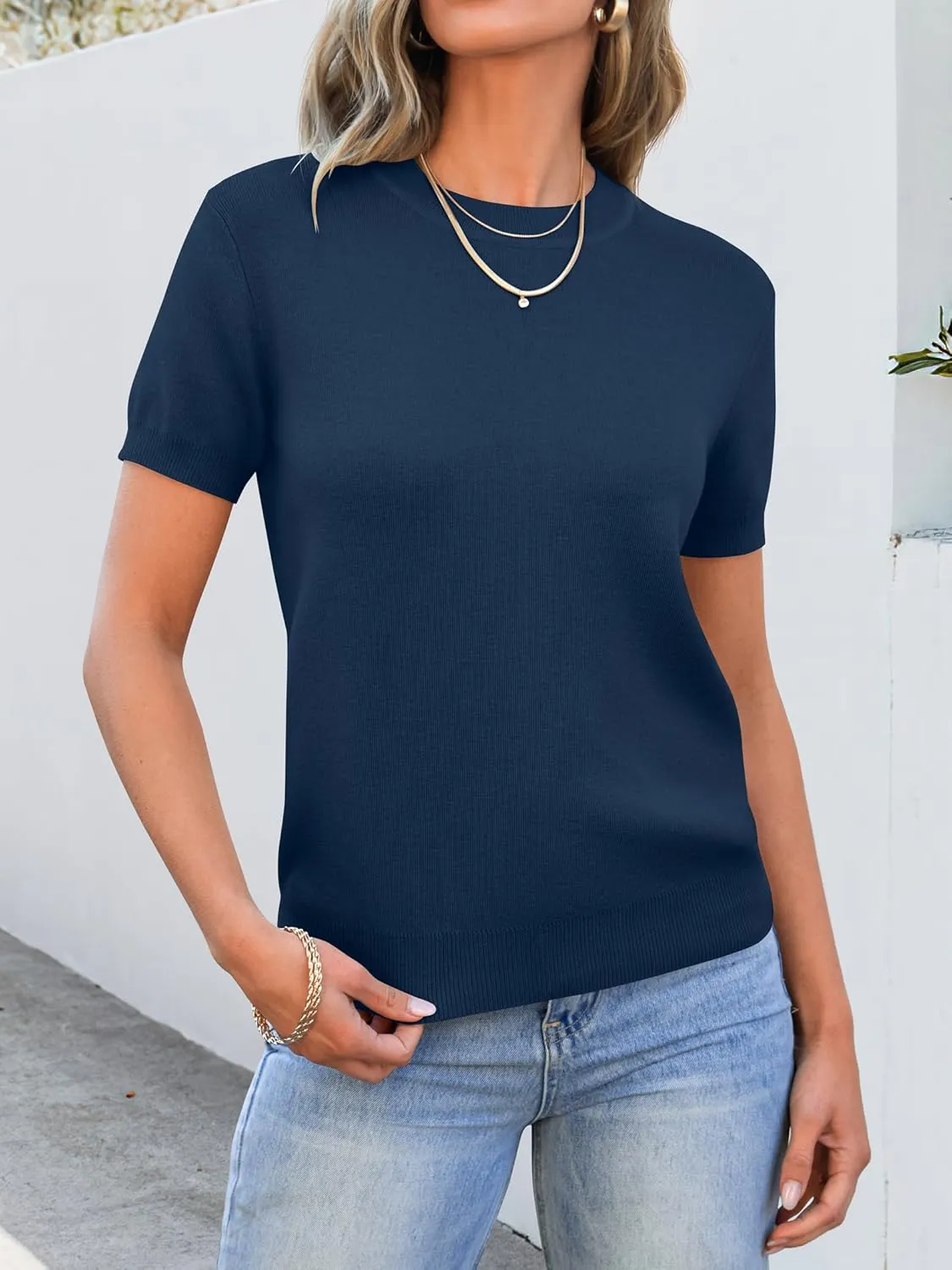 ANRABESS Womens Short Sleeve Sweaters Wool Blend Crew Neck Sweater Shirts Business Casual Work Tops 2025 Summer Outfits