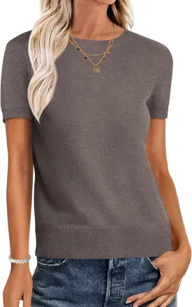 ANRABESS Womens Short Sleeve Sweaters Wool Blend Crew Neck Sweater Shirts Business Casual Work Tops 2025 Summer Outfits