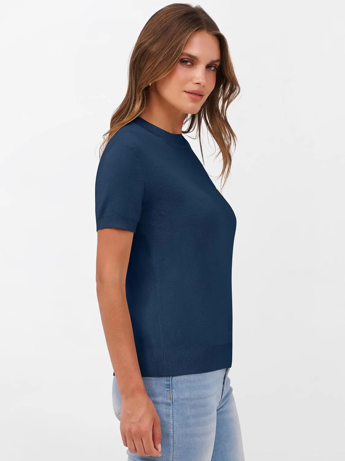 ANRABESS Womens Short Sleeve Sweaters Wool Blend Crew Neck Sweater Shirts Business Casual Work Tops 2025 Summer Outfits
