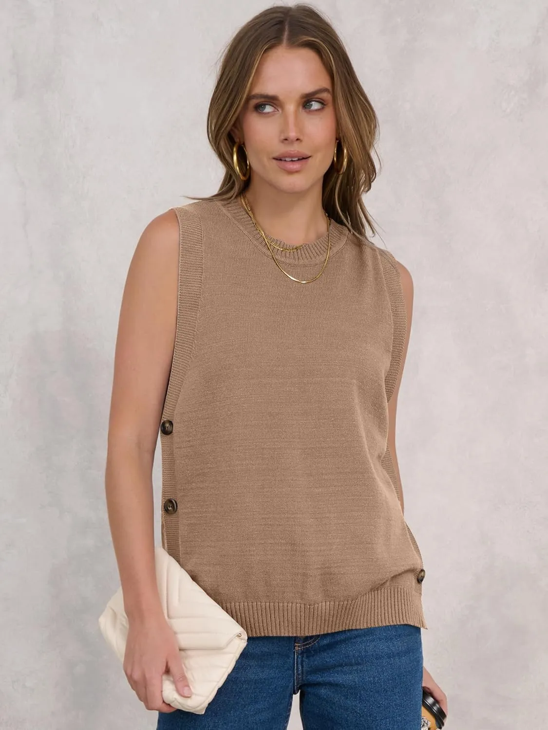 ANRABESS Womens Sweater Vest Summer Sleeveless Crewneck Ribbed Knit Side Button Pullover Tank Tops 2025 Outfits