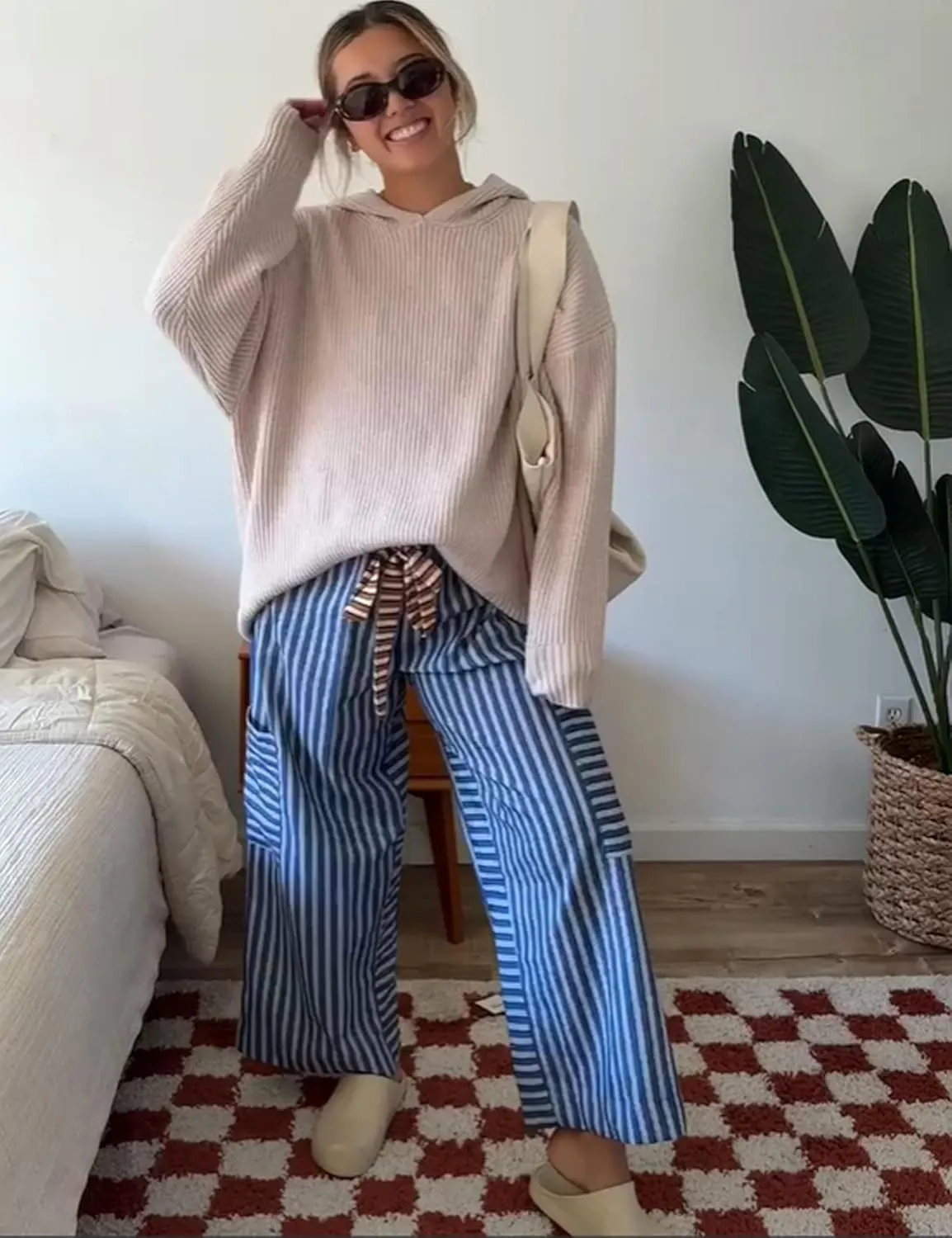 Bankeng Women Drawstring Striped Pants Loose Wide Leg Lounge Pants Casual Palazzo Pants Trousers with Pockets