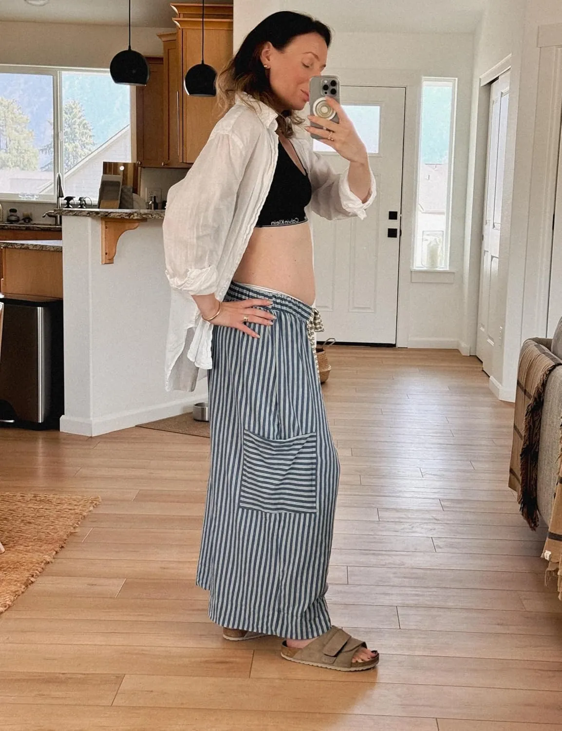 Bankeng Women Drawstring Striped Pants Loose Wide Leg Lounge Pants Casual Palazzo Pants Trousers with Pockets