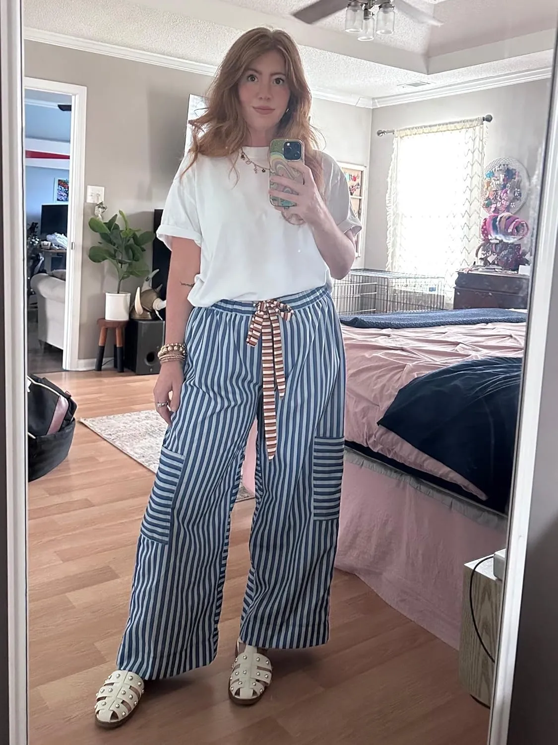 Bankeng Women Drawstring Striped Pants Loose Wide Leg Lounge Pants Casual Palazzo Pants Trousers with Pockets