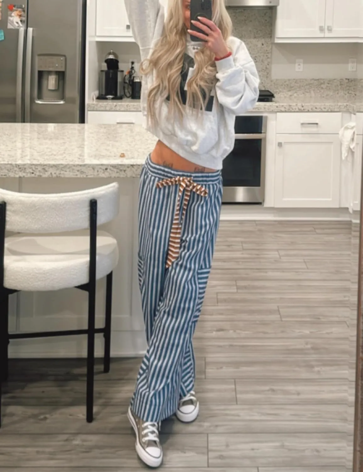 Bankeng Women Drawstring Striped Pants Loose Wide Leg Lounge Pants Casual Palazzo Pants Trousers with Pockets