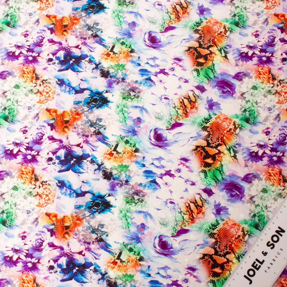Blue Floral & Orange Snake Printed Silk Satin