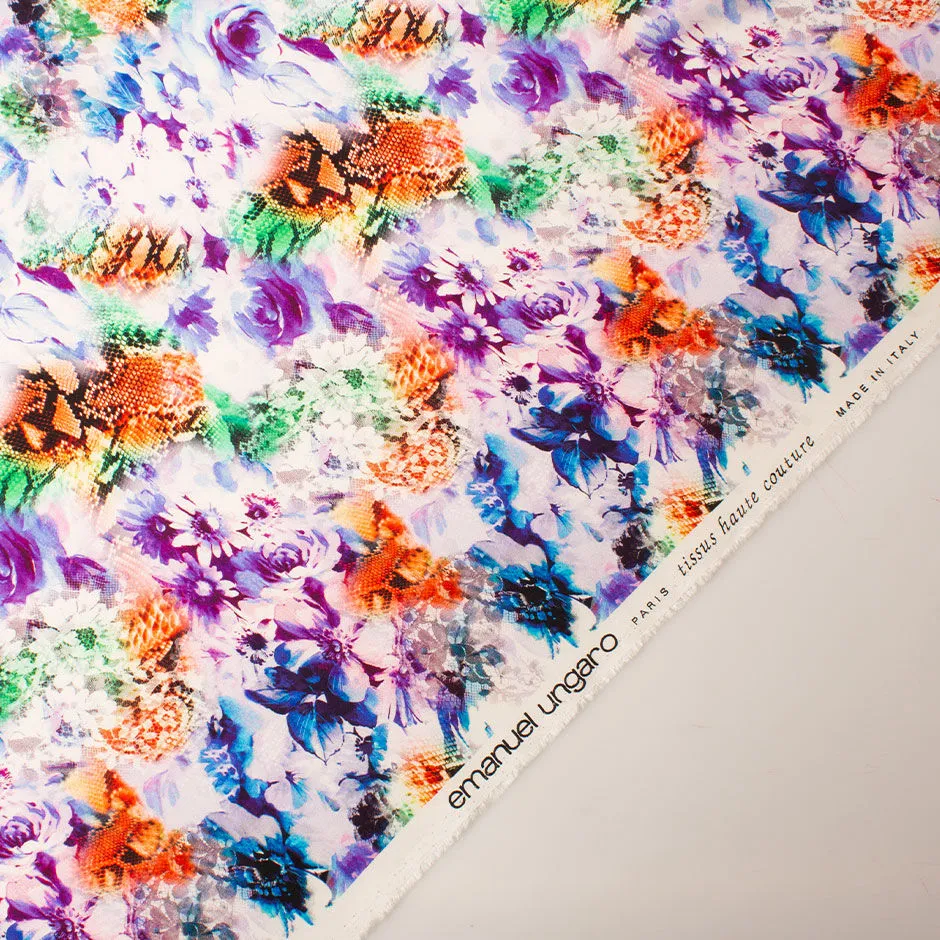 Blue Floral & Orange Snake Printed Silk Satin