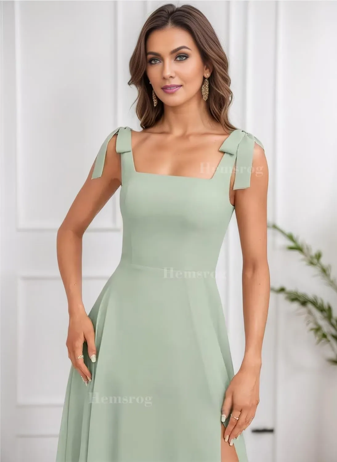 Chiffon Bridesmaid Dresses for Wedding Square Neck Prom Dresses with Bow A-Line Long Formal Dresses for Women with Slit