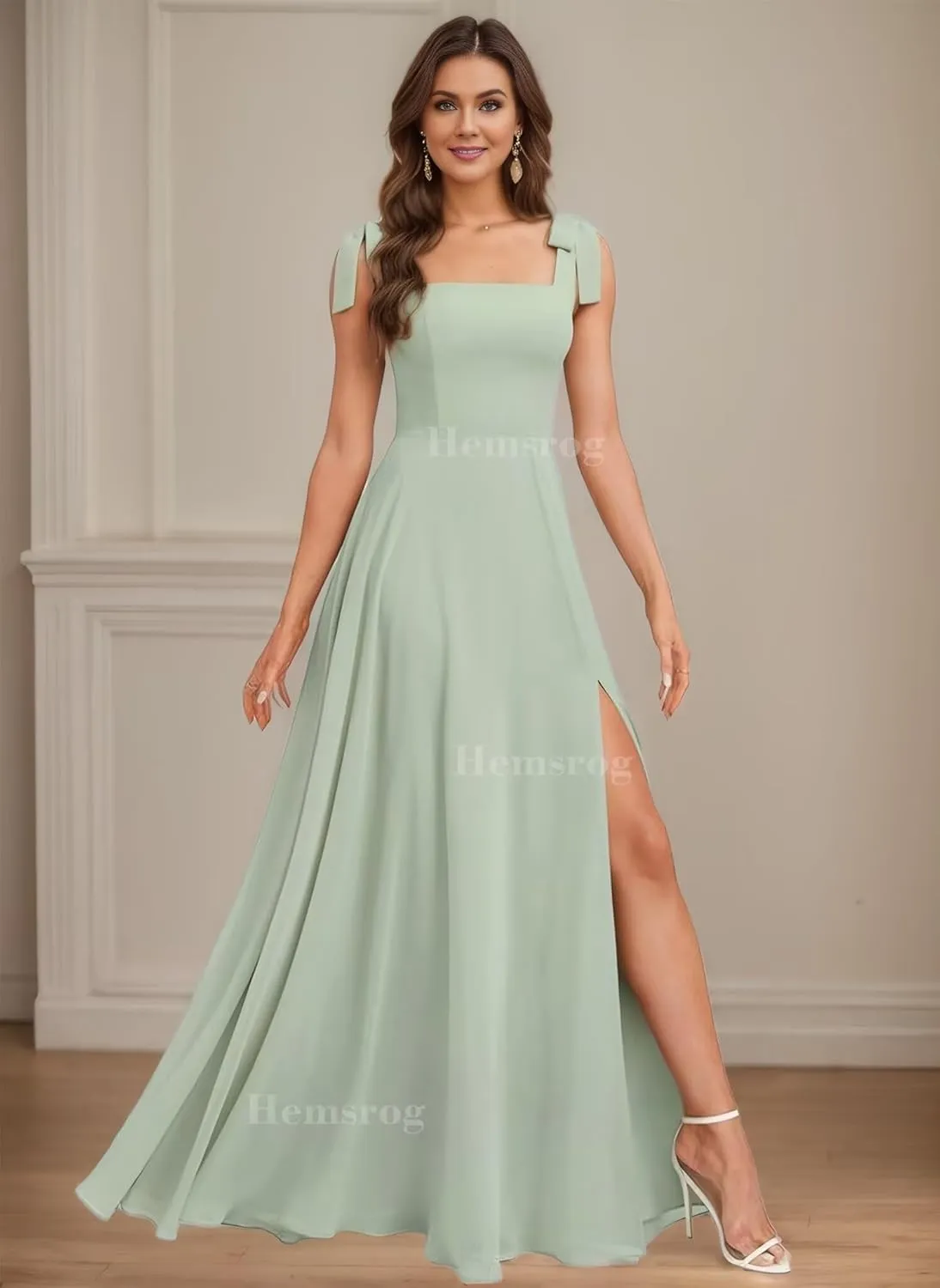 Chiffon Bridesmaid Dresses for Wedding Square Neck Prom Dresses with Bow A-Line Long Formal Dresses for Women with Slit