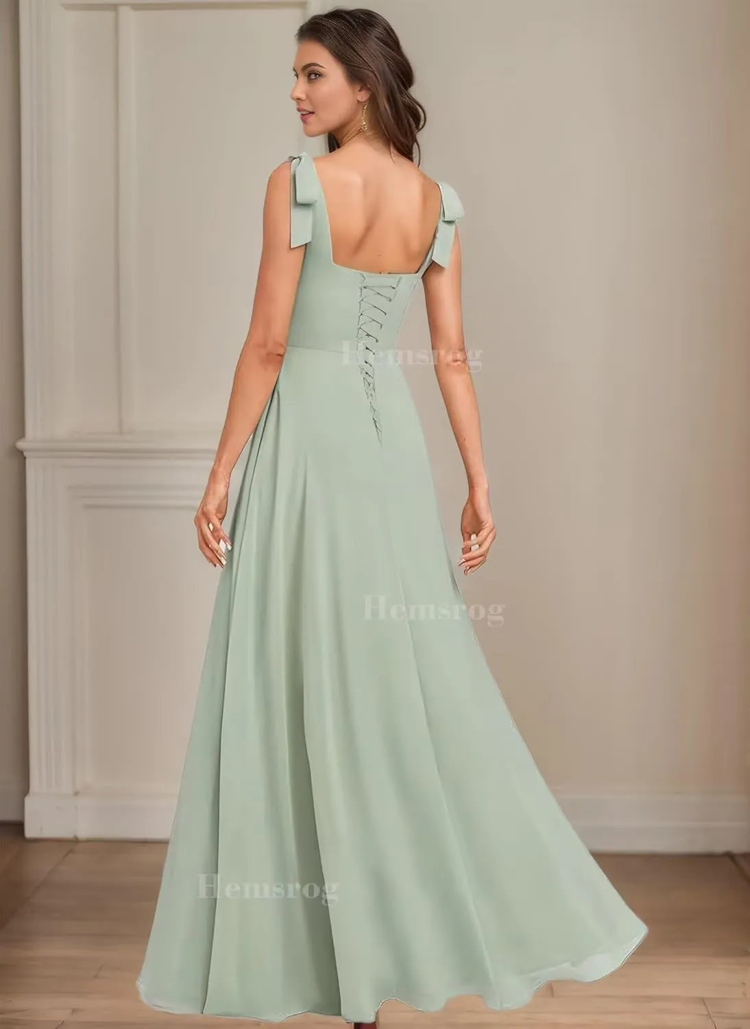 Chiffon Bridesmaid Dresses for Wedding Square Neck Prom Dresses with Bow A-Line Long Formal Dresses for Women with Slit