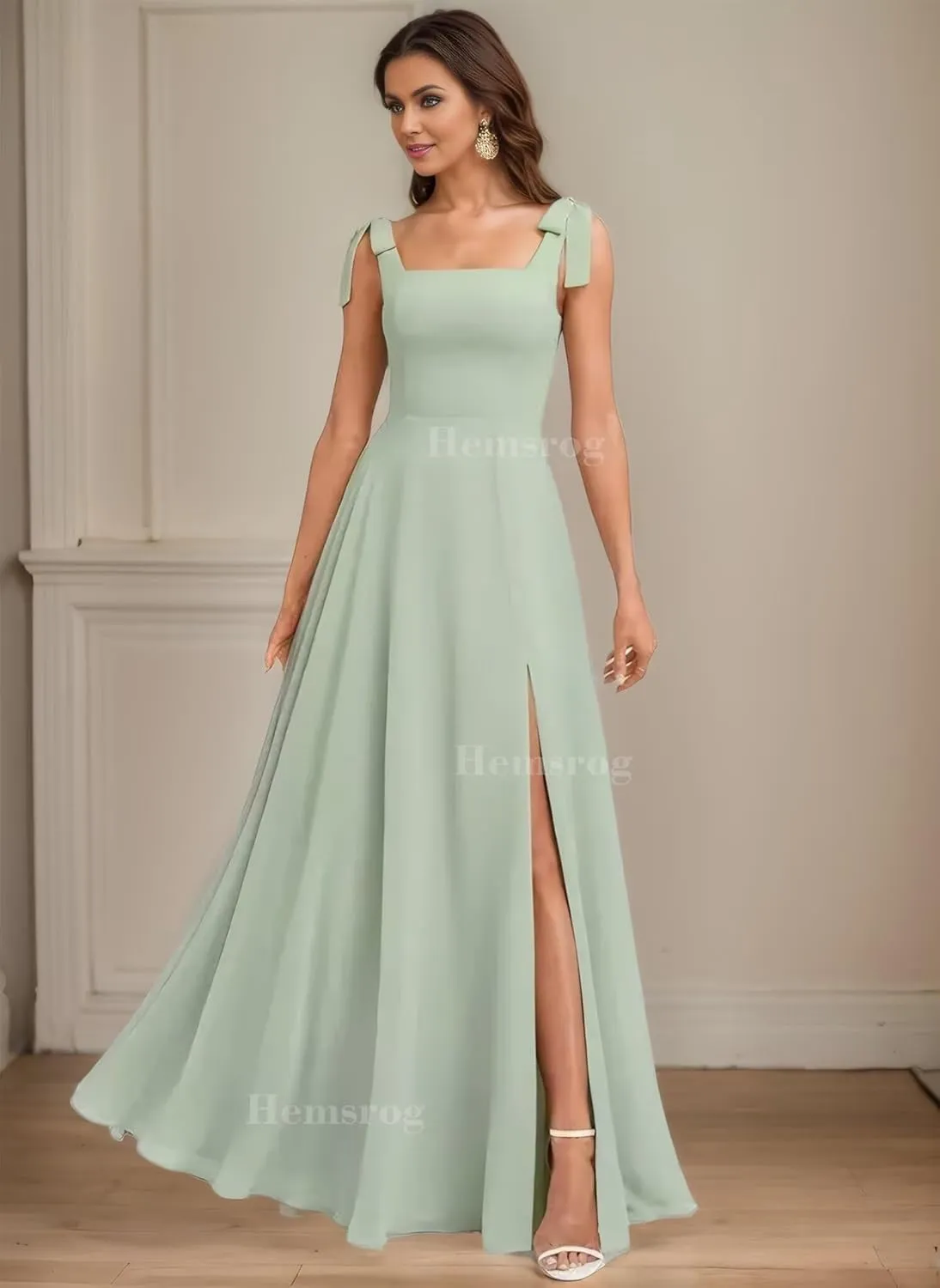 Chiffon Bridesmaid Dresses for Wedding Square Neck Prom Dresses with Bow A-Line Long Formal Dresses for Women with Slit
