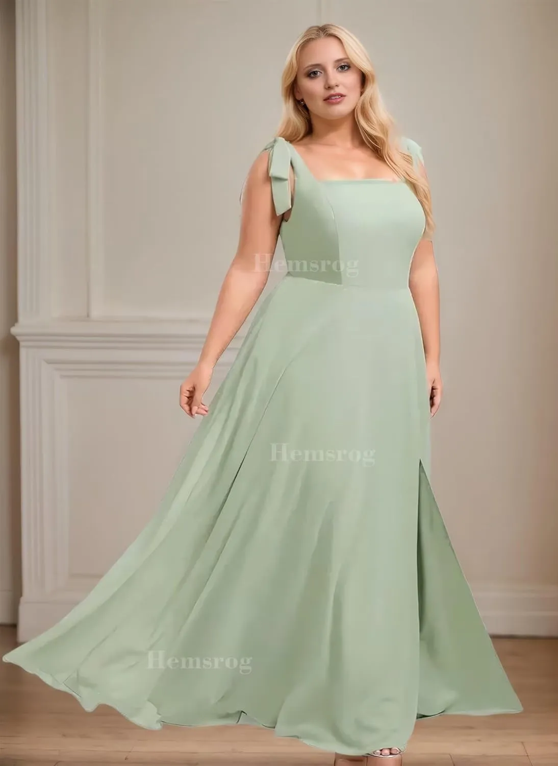 Chiffon Bridesmaid Dresses for Wedding Square Neck Prom Dresses with Bow A-Line Long Formal Dresses for Women with Slit