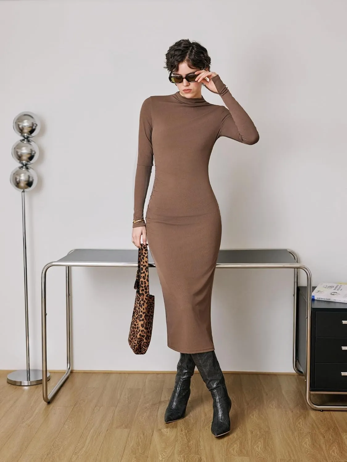 CIDER Long Sleeve Dress for Women High Neck Ribbed Knit Bodycon Ruched Midi Dress Cocktail Party Sweater Solid Dress