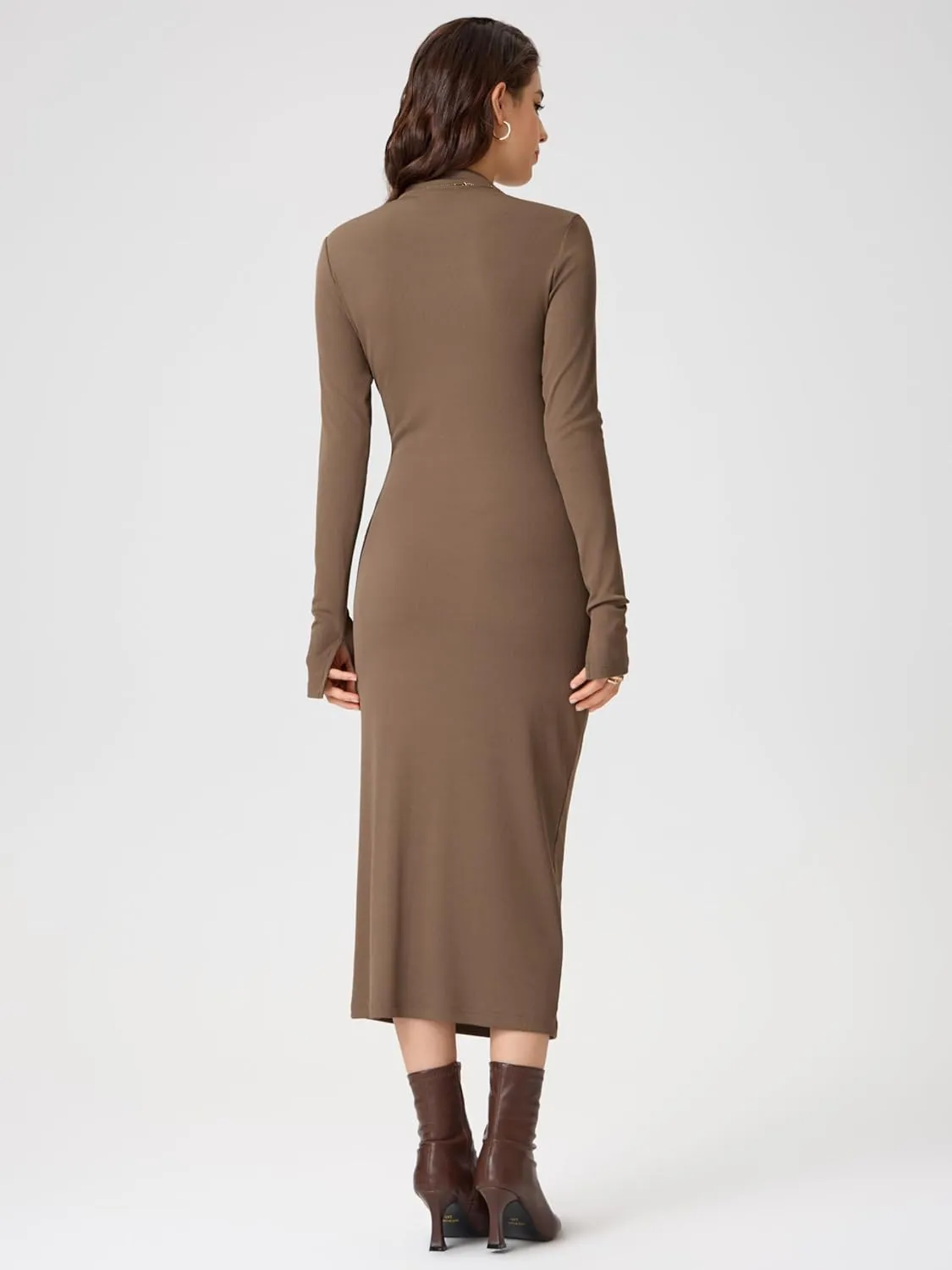 CIDER Long Sleeve Dress for Women High Neck Ribbed Knit Bodycon Ruched Midi Dress Cocktail Party Sweater Solid Dress