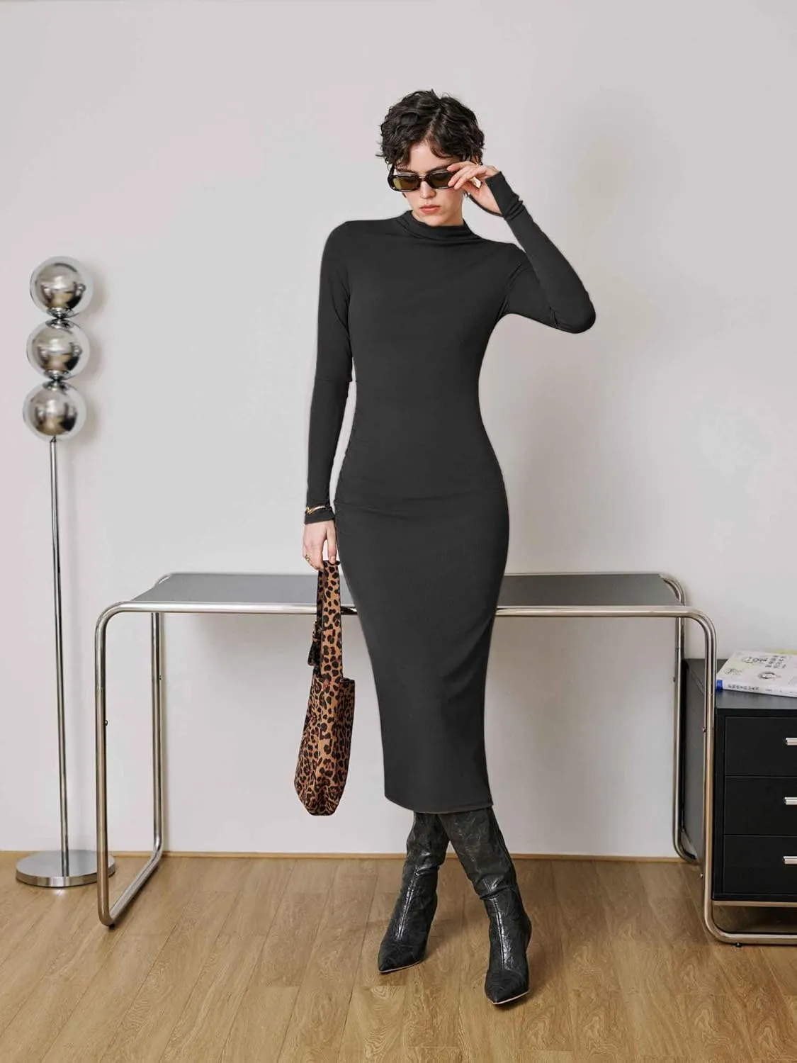 CIDER Long Sleeve Dress for Women High Neck Ribbed Knit Bodycon Ruched Midi Dress Cocktail Party Sweater Solid Dress