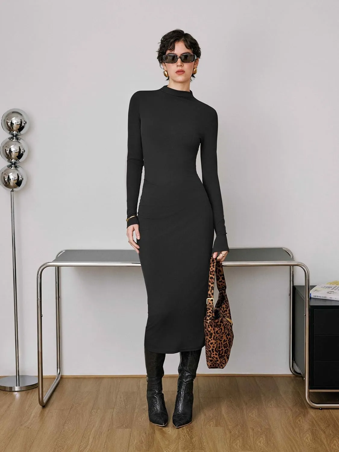 CIDER Long Sleeve Dress for Women High Neck Ribbed Knit Bodycon Ruched Midi Dress Cocktail Party Sweater Solid Dress
