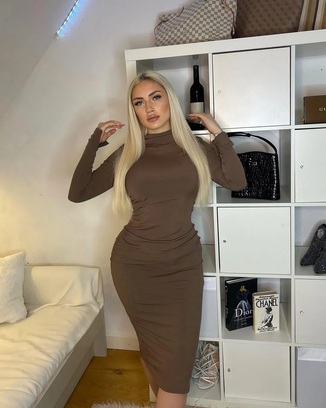 CIDER Long Sleeve Dress for Women High Neck Ribbed Knit Bodycon Ruched Midi Dress Cocktail Party Sweater Solid Dress