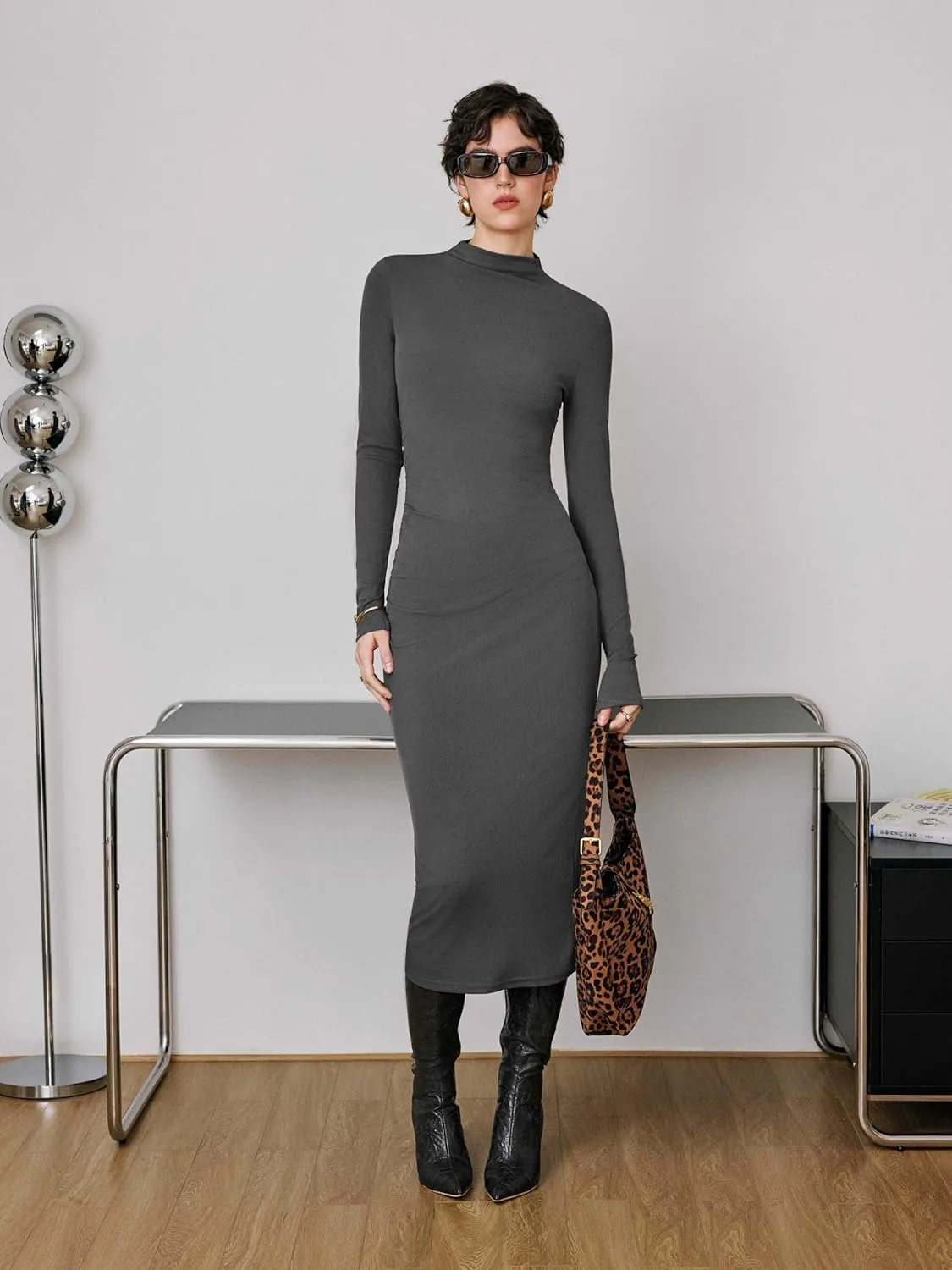 CIDER Long Sleeve Dress for Women High Neck Ribbed Knit Bodycon Ruched Midi Dress Cocktail Party Sweater Solid Dress