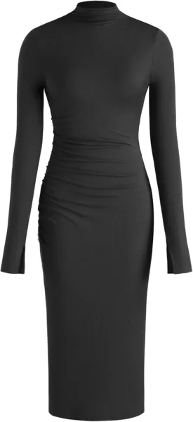 CIDER Long Sleeve Dress for Women High Neck Ribbed Knit Bodycon Ruched Midi Dress Cocktail Party Sweater Solid Dress