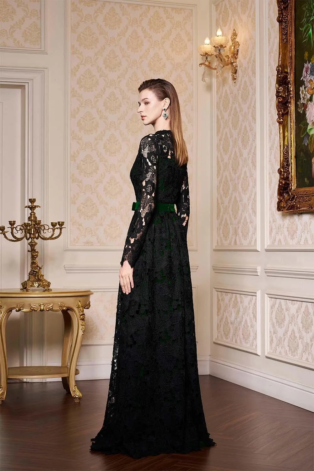 Dahlia A-line Lace Velvet Floor Length Dress