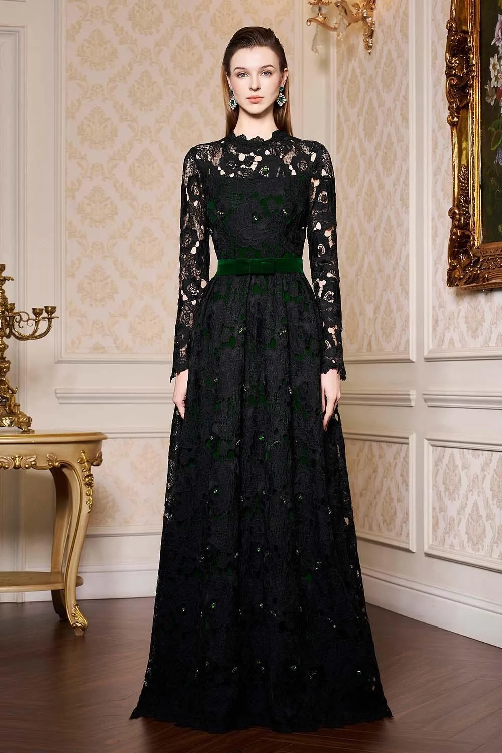 Dahlia A-line Lace Velvet Floor Length Dress
