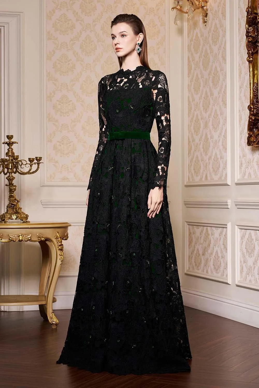 Dahlia A-line Lace Velvet Floor Length Dress