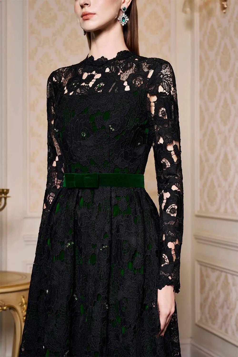 Dahlia A-line Lace Velvet Floor Length Dress