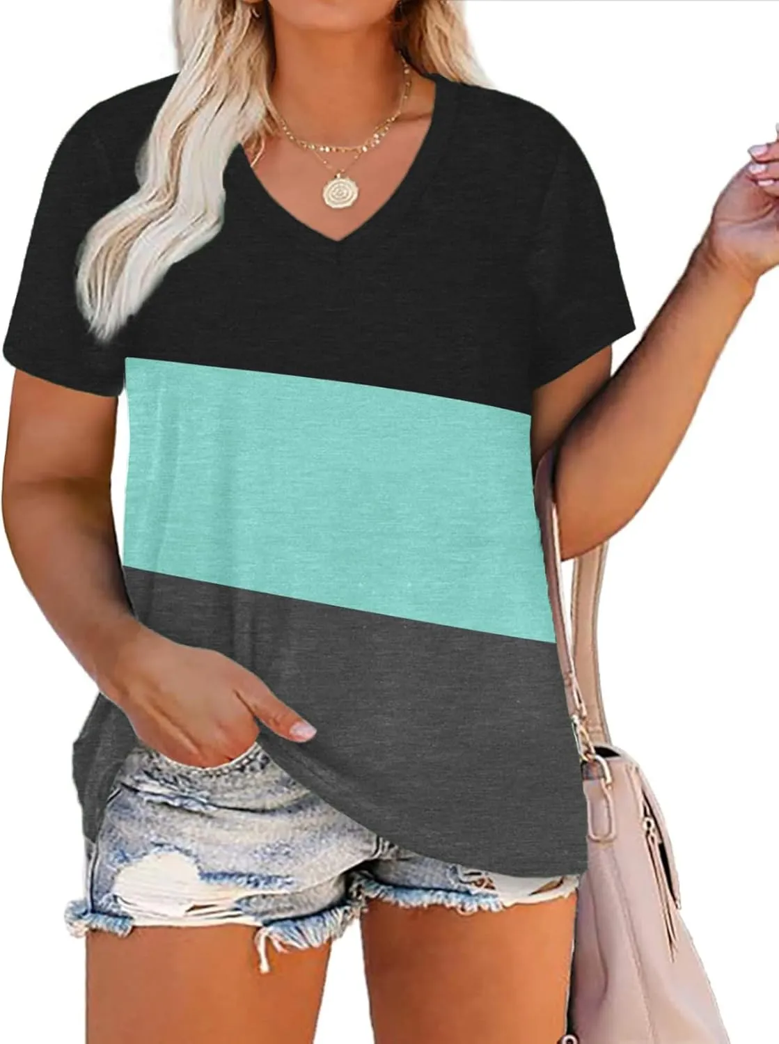 DOLNINE Plus-Size Tops for Women V Neck T Shirts Summer Tunics with Pocket
