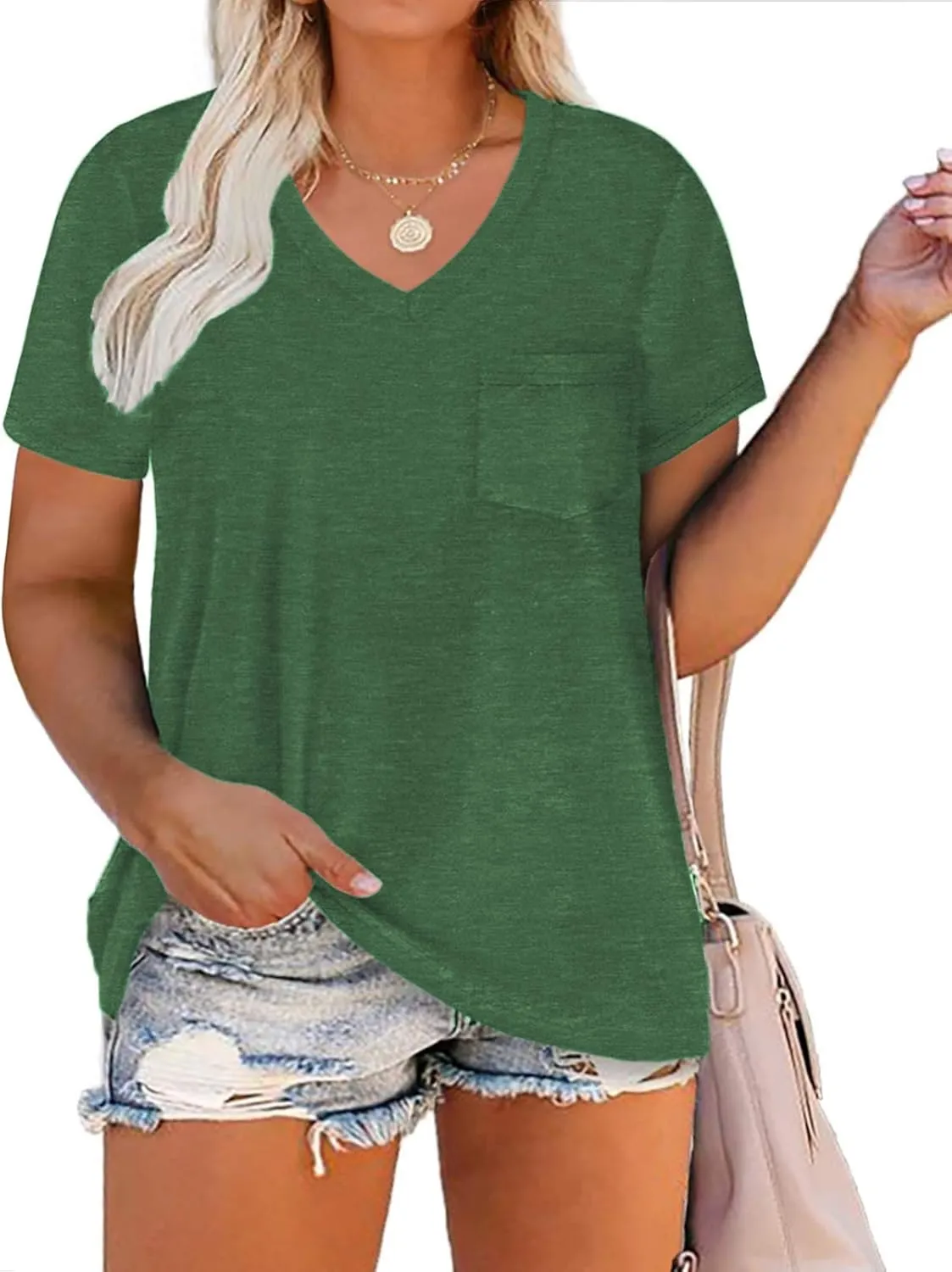 DOLNINE Plus-Size Tops for Women V Neck T Shirts Summer Tunics with Pocket