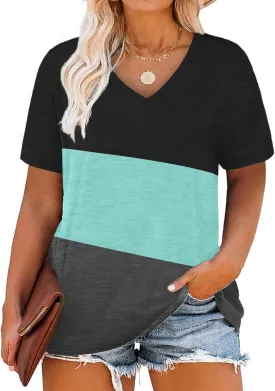 DOLNINE Plus-Size Tops for Women V Neck T Shirts Summer Tunics with Pocket