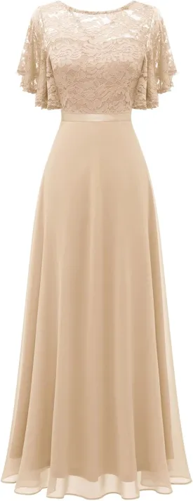 DRESSTELLS Lace Wedding Guest Formal Dresses, V-Back Empire Waist Bridesmaid Prom Party Evening Gown 2025