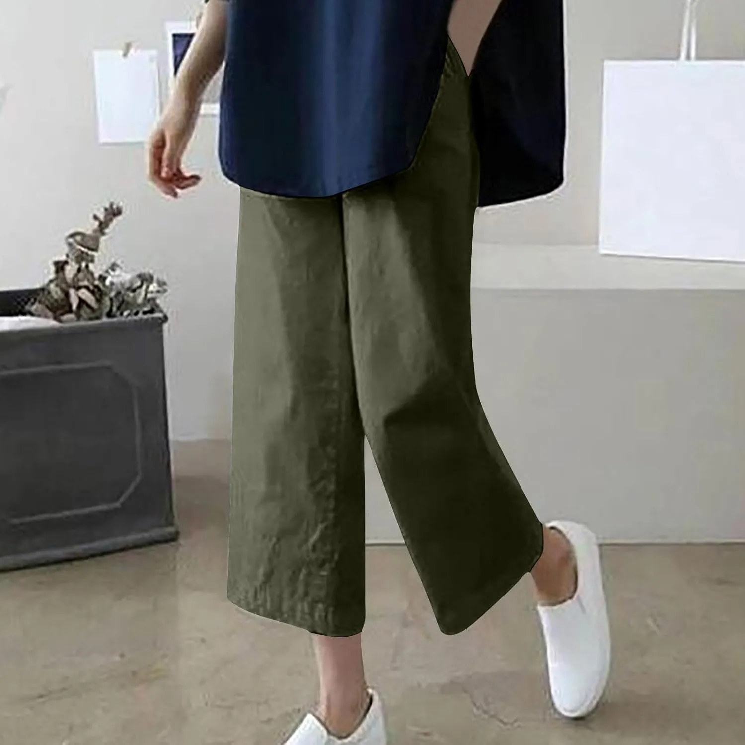 Exquisite Wide Leg Capris Pant for Women Casual Solid Color Lightweight Straight Seven Trousers Working Business Outdoor