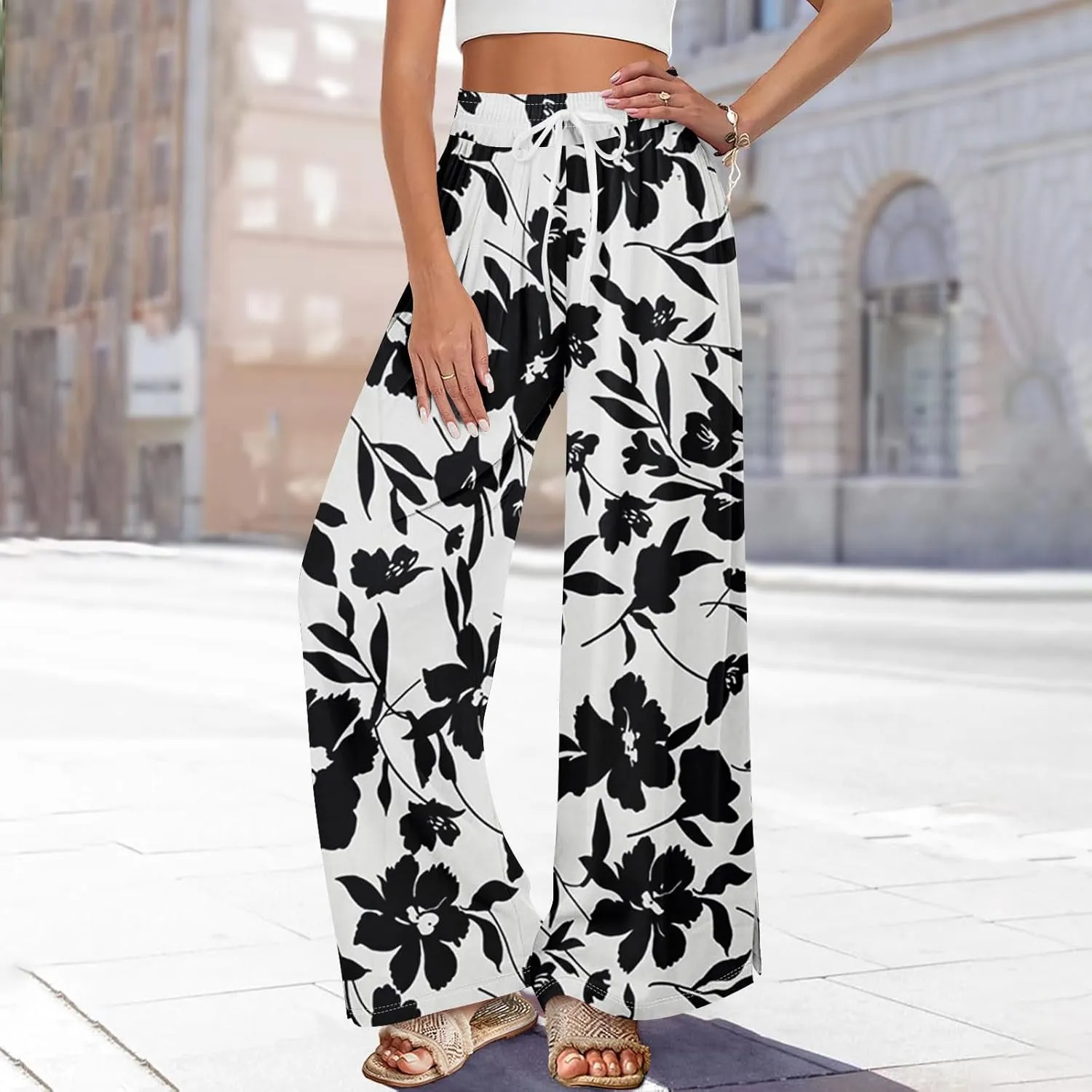 FlekmanArt Dress Pants Women Petite High Waisted Wide Leg Summer Beach Vacation Pants Boho Lounge Casual Palazzo Trousers