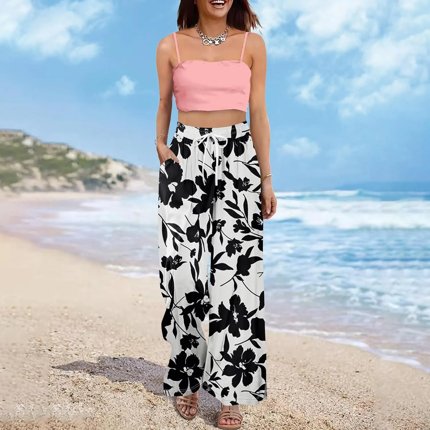 FlekmanArt Dress Pants Women Petite High Waisted Wide Leg Summer Beach Vacation Pants Boho Lounge Casual Palazzo Trousers