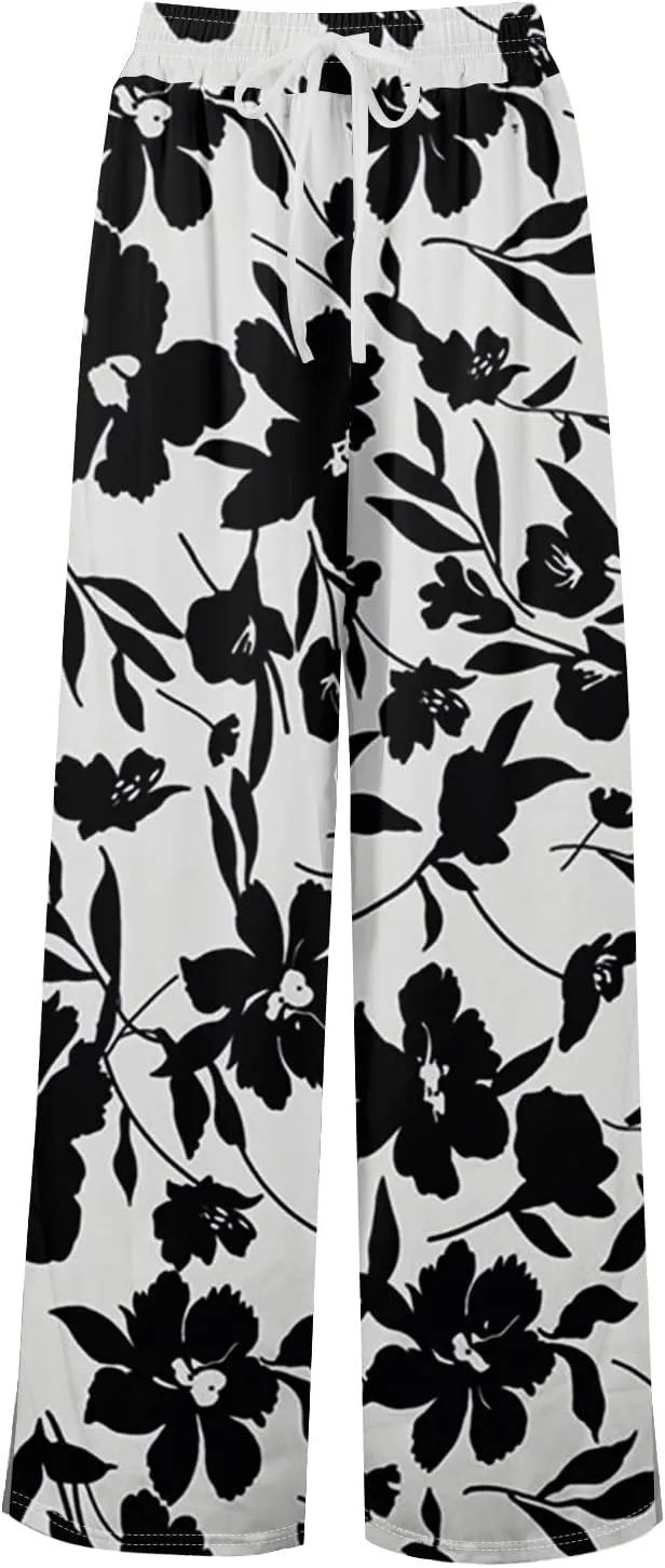 FlekmanArt Dress Pants Women Petite High Waisted Wide Leg Summer Beach Vacation Pants Boho Lounge Casual Palazzo Trousers