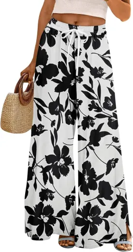FlekmanArt Dress Pants Women Petite High Waisted Wide Leg Summer Beach Vacation Pants Boho Lounge Casual Palazzo Trousers