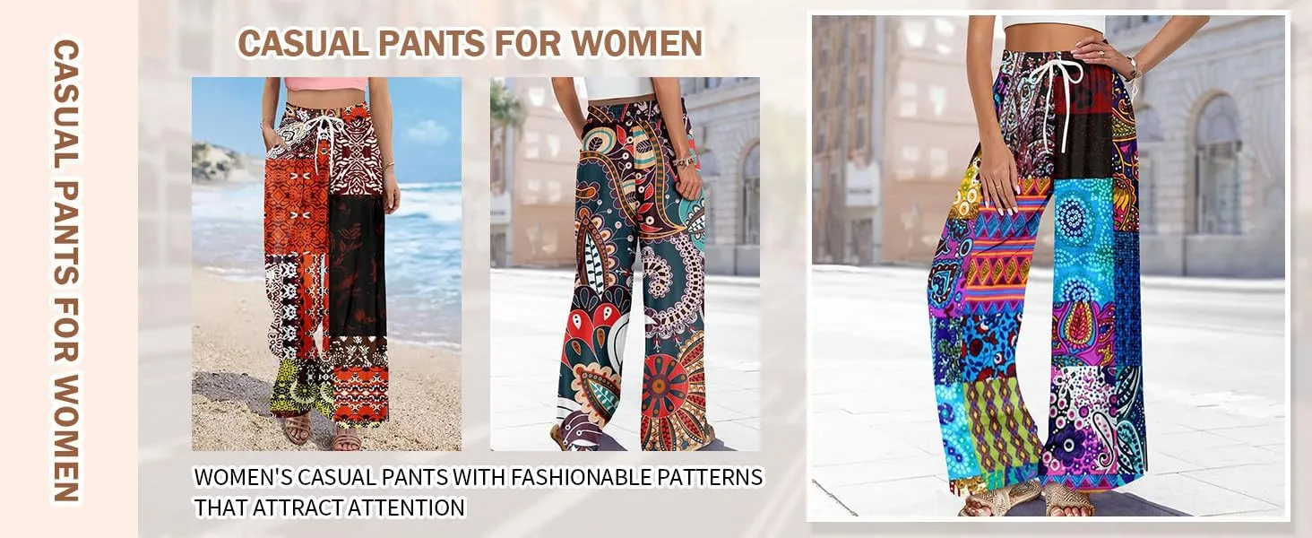FlekmanArt Dress Pants Women Petite High Waisted Wide Leg Summer Beach Vacation Pants Boho Lounge Casual Palazzo Trousers