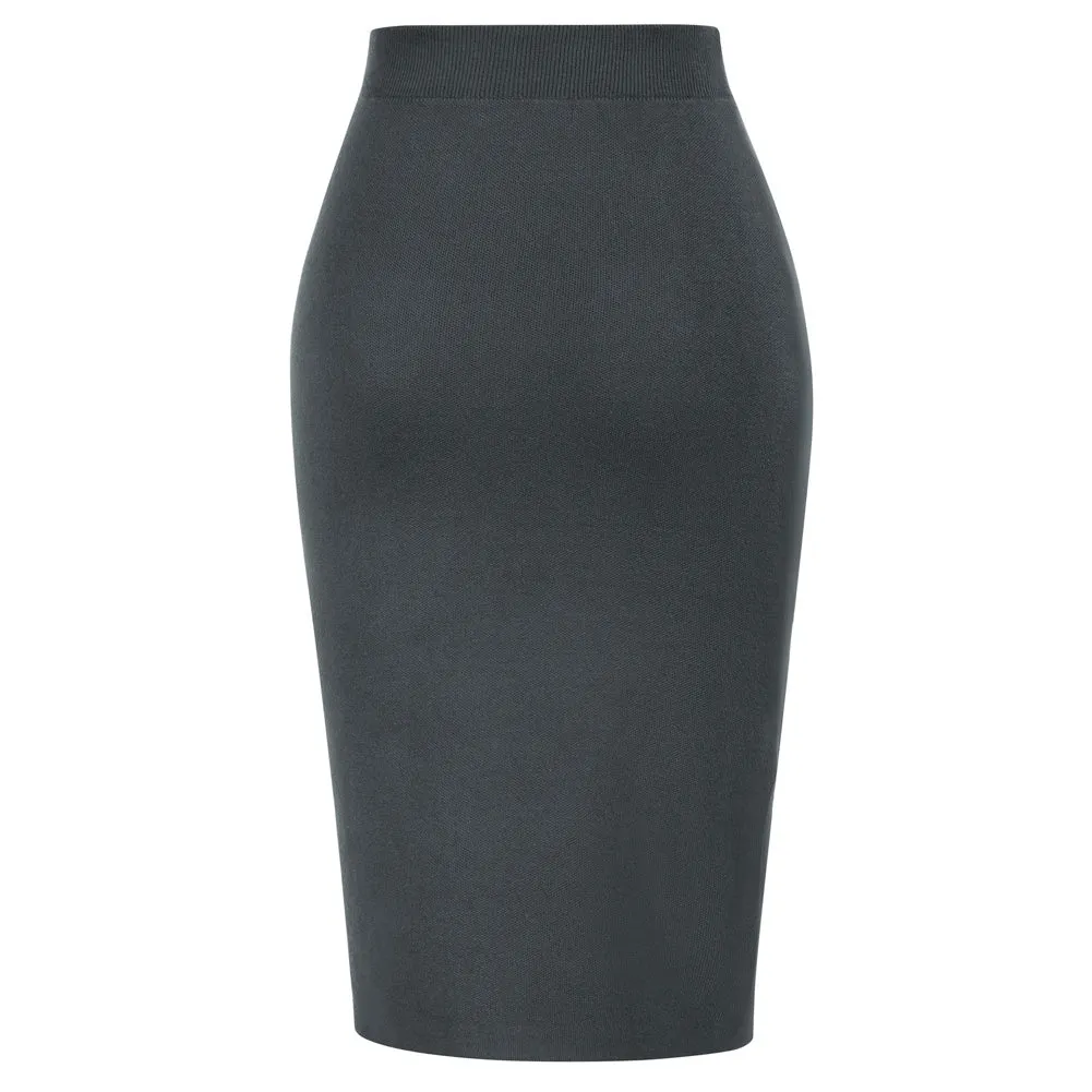 Front Slit Sweater Skirt Elastic High Waist Knitted Bodycon Work Skirt