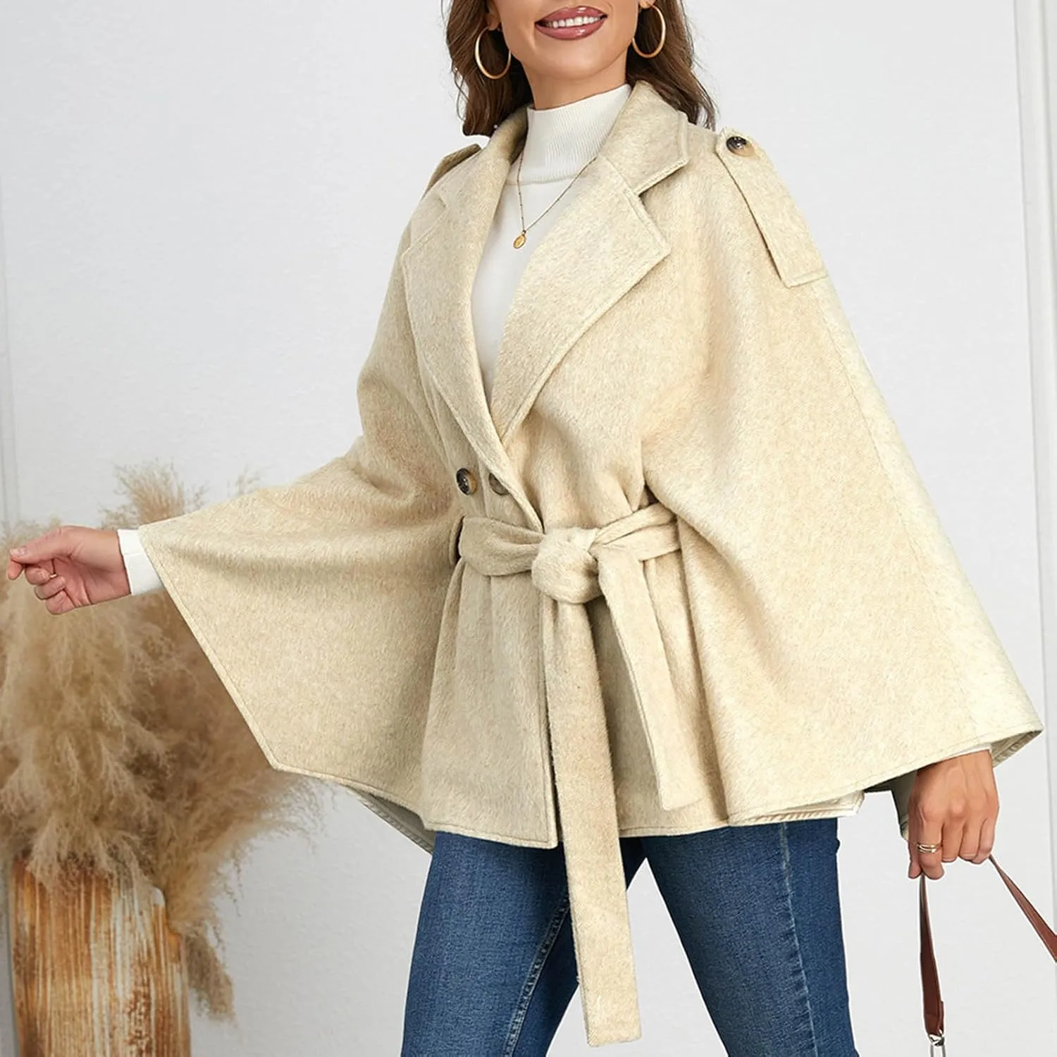 HGps8w Women's Elegant Wool Blend Poncho Cape, Double-Breasted Lapel Collar Trench Coat Jackets with Belt