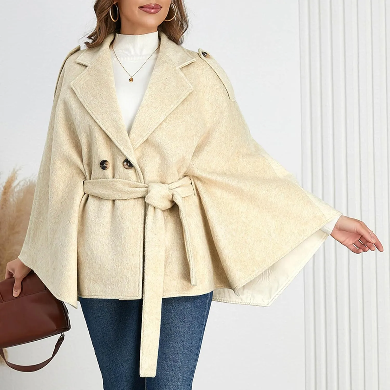 HGps8w Women's Elegant Wool Blend Poncho Cape, Double-Breasted Lapel Collar Trench Coat Jackets with Belt